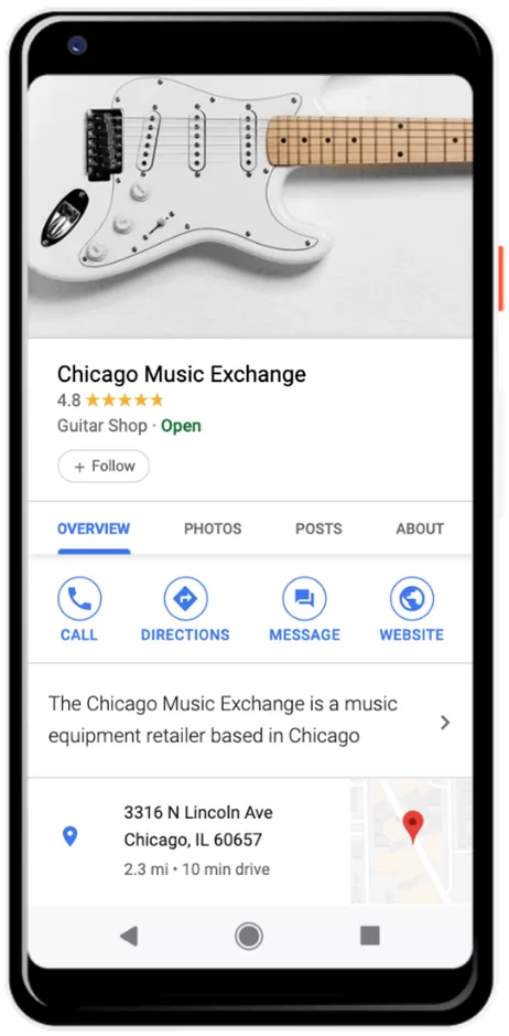 A Google Business Profile shown on a phone, with the business hours listed as Open and buttons for Call, Directions, Message and Website.