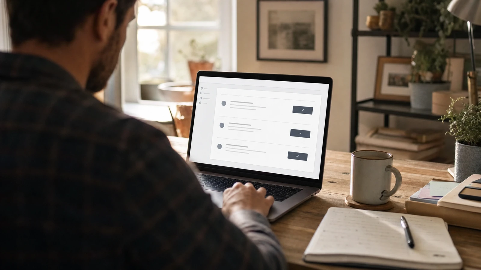 A small-business owner at a desk reviewing a short list of tasks an AI assistant has drafted for approval