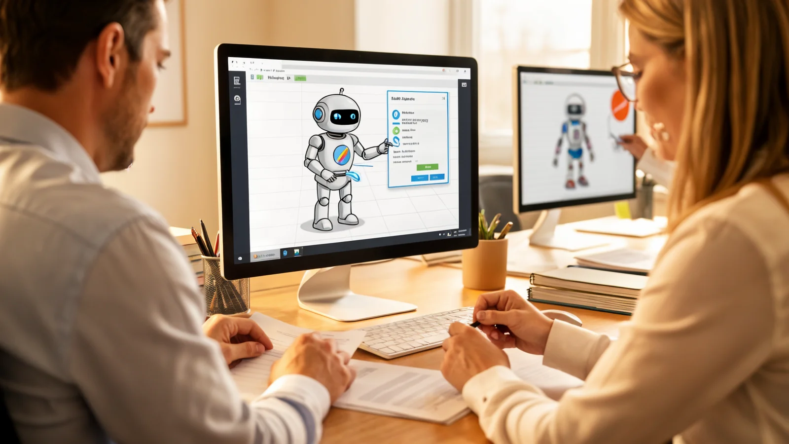 A person at a desk with a small robot icon handling repetitive clicking on a screen while they focus on something else