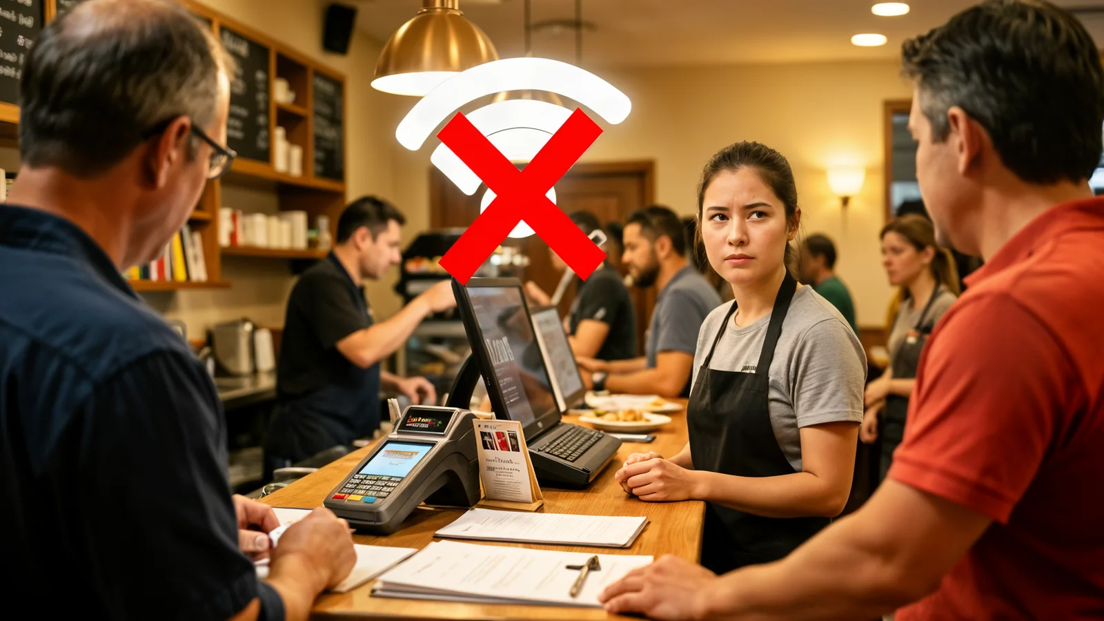 A restaurant counter with a phone and card reader sitting idle while customers look on, a Wi-Fi symbol with a red X overhead